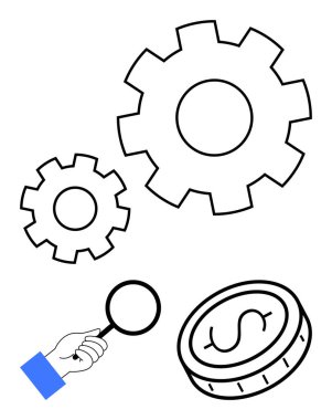 Birbirine kenetlenmiş vitesleri ve dolar işaretli paraları analiz eden büyüteçle. İş için ideal, süreç optimizasyonu, finansal içgörü, yenilik, teknoloji, veri araştırması, basit iniş