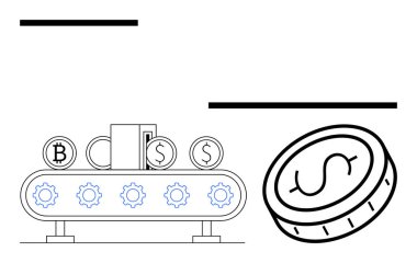 Taşıyıcı bant, dişliler, Bitcoin ve dolar işaretleriyle dijital paralar üretiyor. Kripto para birimi, engelleme zinciri, finans, otomasyon, fintech, yenilik ekonomisi için ideal basit iniş sayfası