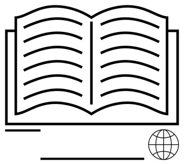 Bilgi, eğitim, küresel bağlantı, çevrimiçi öğrenme, araştırma, okur yazarlık ve iletişim için dünya ikonu içeren açık bir kitap. Akademik temalar için ideal, düz basit metafor