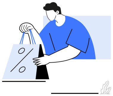 Alışveriş çantasına uzanan adam indirim yüzdesi tabelasıyla kârlı satışlar öneriyor. Perakende, e-ticaret, promosyonlar, tasarruflar, pazarlama, müşteri ilişkileri için ideal, düz bir metafor