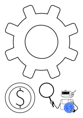 Büyüteci olan büyük bir vites, bir dolar işareti ve bozuk para tutan bir robot. Finans, otomasyon, teknoloji, yapay zeka, yenilik, verimlilik süreci analizi için ideal düz bir metafor