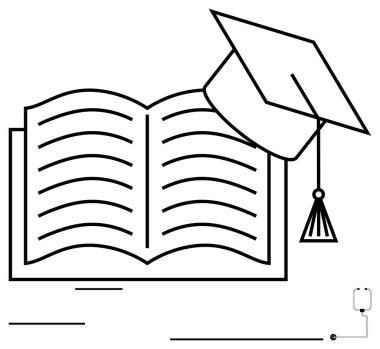 Mezuniyet şapkası, eğitim, bilgi ve eğitimdeki başarıyı simgeleyen açık bir kitap. Akademik büyüme, araştırma, yüksek öğrenim, çevrimiçi kurslar, eğitim sistemleri ve edebiyat için ideal