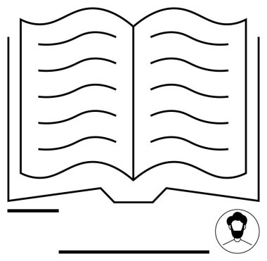 Dalgalı metin satırlarıyla kitabı aç, kullanıcı simgesi. Eğitim, okuma, bilgi, öğrenme, kullanıcı bağlılığı, bilgi paylaşımı, kişisel gelişim temaları için ideal düz bir metafor