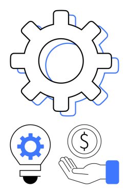 İşlem yeniliklerini gösteren vites, fikirler için ampul, finans için dolar madeni para ve destekleyici el. İş, yenilik, teknoloji, girişimler, yaratıcılık için idealdir. Basit bir iniş sayfasını finanse eder.