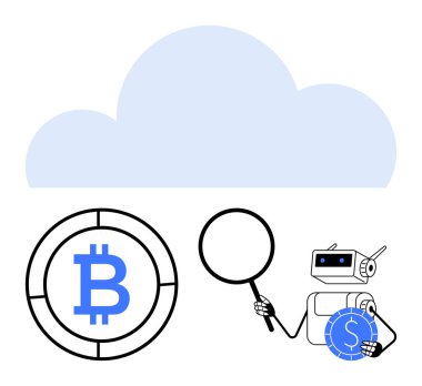 Yapay zeka robotu, Bitcoin simgesi ve bulut şekli yakınlarındaki büyüteçle dijital kripto para birimi verilerini inceliyor. Engelleme zinciri, fintech, yapay zeka, bulut depolama, veri güvenliği, analiz, yenilik dairesi için ideal