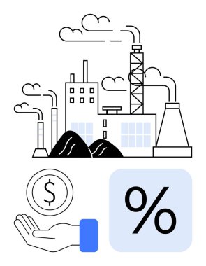 Duman yayan fabrika, elinde dolar sikke, yüzde işareti. Sanayi, finans, sürdürülebilirlik, karbon vergisi, ekonomi, kirlilik enerjisi geçiş basit iniş sayfası