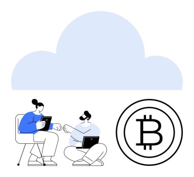 Bilgisayarları ve tabletleri olan iki iş arkadaşı şifreli para ambleminin yanında bulut altında fikir alışverişinde bulunuyorlar. Engelleme zinciri, fintech, uzaktan çalışma, ağ oluşturma, yenilik, finans, düz basit