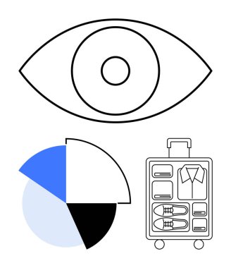 Göze göz, segmentli pasta grafiği analizi ve seyahat organizasyonu için düzgün paketlenmiş bavul. Planlama, strateji, seyahat, veri, görüş sadeliği için idealdir. Düz basit metafor