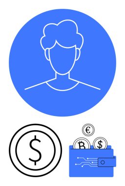 Mavi çemberdeki kullanıcı profili simgesi, dolar işareti madeni para ve içinde şifreli para bulunan cüzdan. Finans, finans teknolojisi, kripto para birimi, blok zinciri, kullanıcı profili, güvenli ödeme sade iniş sayfası için ideal