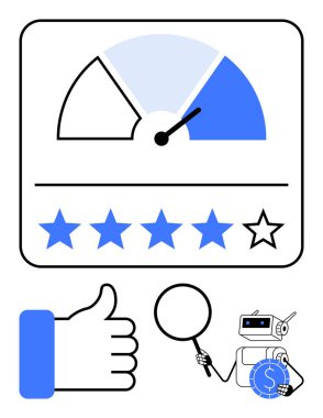 Performans göstergeli gösterge paneli, beş dereceli yıldız, büyük baş parmak ikonu, robot elinde büyüteç. Geri bildirim, veri analizi, performans değerlendirmesi, metrikler, yapay zeka müşteri servisi dairesi için ideal