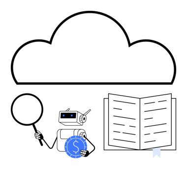 Yapay zeka robotunun üzerinde bulut çizgisi büyüteç, para ve açık bir kitap tutuyor. Teknoloji, yapay zeka öğrenimi, bulut hizmetleri, dijital ekonomi, araştırma, otomasyon yeniliği için ideal. Düz basit