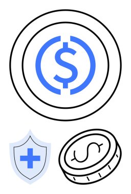 Dolar işaretli dairesel para, çapraz amblemli kalkan ve ana hatlı para çizimi. Finans, güvenlik, yatırım, sigorta, istikrar, dijital varlıklar için ideal basit bir iniş sayfası