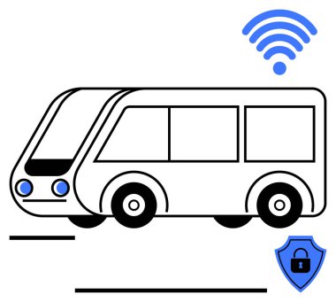 Kablosuz bağlantı sembolü ve güvenlik kalkanı olan modern otobüs yenilikleri, güvenliği ve akıllı ulaşımı temsil ediyor. Teknoloji, otomasyon, güvenlik, hareketlilik, yenilik toplu taşıma için ideal