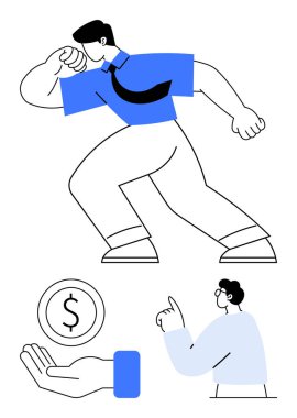 Mavi gömlekli profesyonel bir adam, güven içinde yürüyor, el hareketleriyle işaret ediyor, avuç içinde para taşıyor. İş için ideal, takım çalışması, liderlik, finans, büyüme zihniyeti, güçlendirme sade iniş sayfası