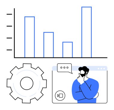Grafik çubukları, vites sembolü, görüntülü arama düşünen kişi, konuşma balonu. Analiz için ideal, takım çalışması, teknoloji, problem çözme, yenilik mühendisliği basit iniş sayfası