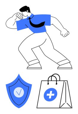 İş kıyafeti giymiş dinamik pozlu bir adam, işaretli bir kalkan ve tıbbi temalı bir alışveriş çantası. Sağlık, güvenlik, güvenlik, e-ticaret, ticari güven, refah ve basit iniş sayfası için ideal