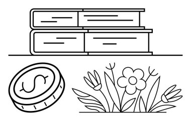 Yığılmış kitaplar eğitimi simgeler, madeni para finansı simgeler ve çiçek açan çiçekler de doğanın güzelliğini. Eğitim, finans, ekoloji, tasarruf, yatırım, kişisel büyüme için ideal