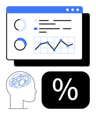 Analitik gösterge paneli, performansı takip eden grafikler, zihinsel süreci sembolize eden insan profili, istatistik yüzdesi. Analiz, iş, ilerleme, finans, üretkenlik ve strateji için ideal