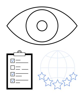 Odaklanmış göz, işaretli kontrol listesi, yıldız notlu dünya değerlendirmeyi vurguladı, küresel standartlar, kalite geri bildirimi. İş stratejisi, UX tasarımı, müşteri hizmetleri, kalite güvencesi için ideal