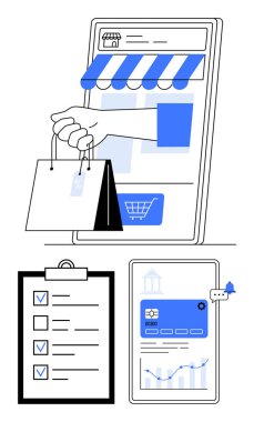 Akıllı telefon ekranı, kontrol listesi panosu ve iş analizi panelinden el ele tutuşmalar. E-ticaret, müşteri ilişkileri, uygulama tasarımı, pazarlama, iş büyümesi için ideal