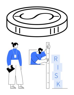 Finansmanı temsil eden en üstteki madeni para, elinde dosya tutan bir kadın ve RISK 'i heceleyen yığılı blokları ölçen bir adam. Finans, risk yönetimi, yatırım, takım çalışması, planlama, basit ölçüler için ideal