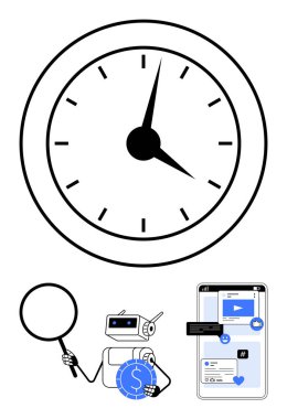 Zamanı temsil eden saat, büyüteci olan robot ve yapay zekayı sembolize eden para finans, verileri gösteren mobil uygulamalar. Üretkenlik, veri analizi, pazarlama, yapay zeka, mobil uygulamalar için ideal