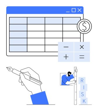 Hesap makinesi sembolleri ile hesap tablosu arayüzü, kalem tutan el, risk bloklarını dengeleyen kişi. Finans, muhasebe, iş planlaması, bütçe oluşturma, karar verme, analiz için ideal
