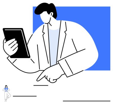 Blazer ceketli bir adam tablet tutuyor, çatışmaya girerken işaret ediyor. Teknoloji, iletişim, iş, liderlik, profesyonellik, dijital araçlar, uzaktan çalışma kavramları için idealdir. Düz basit