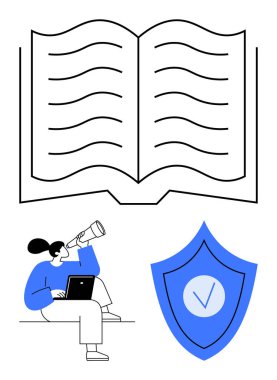 Çizgilerle kitabı aç, teleskopla bilgisayarı olan kişi ve işaretli kalkanı olan kişi. Eğitim, güvenlik, araştırma, bilgi, odak, teknoloji sade iniş sayfası için ideal