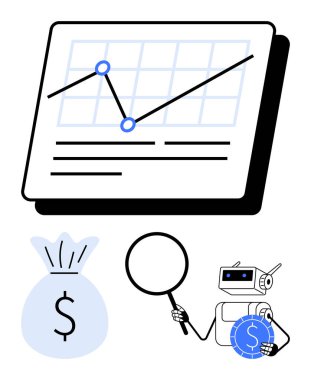 Robot elinde büyüteçle mali grafiği inceliyor, hızla yükseliyor, para çantası kâr öneriyor. Finans, analitik, yapay zeka, otomasyon, yatırım, ekonomi ve yenilik için ideal