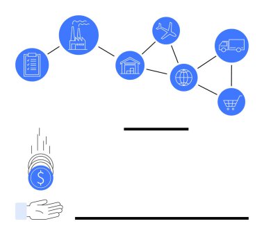 Fabrika, depo, uçak, kamyon, dünya, alışveriş arabası ikmal zincirine bağlı. Bozuk paralar alttaki ele düşer. Lojistik ve ekonomi ticareti için ideal iş planlaması