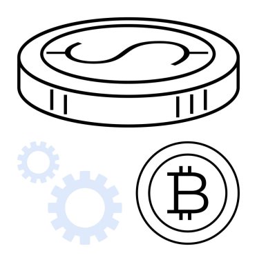 Dolar ve Bitcoin sikkeleri, kripto para birimini, dijital ekonomiyi, blok zincirini, fintech ilerlemesini, finansal büyümeyi, merkezi olmayan sistemleri ve yenilikçi teknolojiyi sembolize eder. İdeal