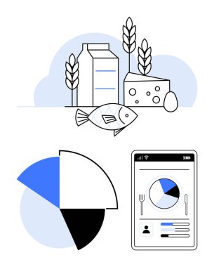 Yiyecek maddeleri, buğday saplı süt, peynir, balık ve yumurtayı işaret ediyor. Pasta grafiği ve mobil uygulama ekranı yiyecek takibini ve diyet analizini vurguluyor. Sağlık, diyet, beslenme, sürdürülebilirlik için ideal
