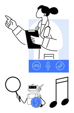 Doktor panoya işaret ediyor, robot bozuk para tutuyor, büyüteç kullanıyor ve müzik notaları teletıp, yapay zeka, fintech, araştırma, tanısal eğlence yeniliğini sembolize ediyor. Sağlık hizmetleri için ideal