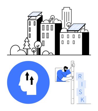 Güneş panelleri olan stilize binalar, zihinsel gelişim için yukarı bakan oklar, blokları istifleyerek riski değerlendiren insanlar. Sürdürülebilirlik, yenilik, kentsel planlama ve zihinsel büyüme için ideal