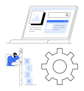 Arama çubuğuyla dijital arayüz, vites simgesi, risk bloklarını ölçen kişi. İş için ideal, yenilik, veri analizi, risk yönetimi, süreç optimizasyonu, teknoloji sade iniş sayfası