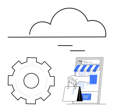 Yatay çizgileri olan bulut, vites sembolize etme ayarları, alışveriş torbaları, online mağaza gösteren akıllı telefon. E-ticaret, otomasyon, teknoloji, bulut çözümleri, alışveriş uygulamaları için ideal