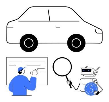Araba taslağı, teknede tamircinin açıklaması, büyüteçle robot analizi, para yönetimi. Otomotiv endüstrisi, eğitim, yapay zeka, analiz maliyet yönetimi yenilemesi için idealdir. Düz
