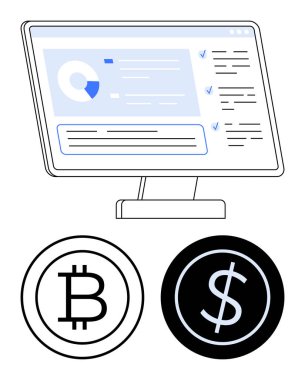 Analiz çizelgesi ve kontrol listesi diyagramını Bitcoin ve dolar simgeleriyle birlikte gösteren masaüstü ekranı. Kripto para birimi, finans, yatırım, piyasa eğilimleri, fintech, döviz kuru için ideal