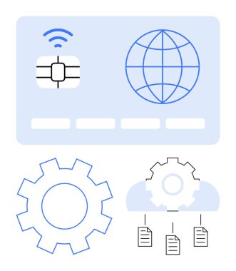 Dünya ikonunun yanında temassız ödeme kartı çipi. Aşağıda, teçhizatlı ve veri dosyalı bulut depolama sistemi otomasyonu ve dijital gelişmeleri temsil ediyor. Fintech ve bulut hesaplama için ideal