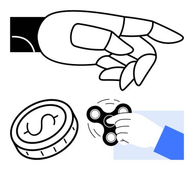 Robot el uzanıyor, dolar işareti ile yazı tura atılıyor, insan eli fırıl fırıl dönüyor. Teknoloji, yenilik, ekonomi, otomasyon, robotik için ideal, basit bir iniş sayfası çal