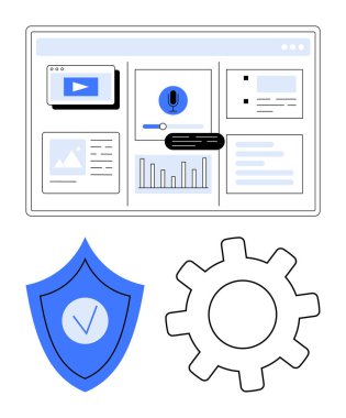 Görüntü, grafikler, mikrofon kontrolü, teçhizat ve aşağıda işaretli kalkan ile dijital kontrol paneli. Teknoloji, veri, analitik, kullanıcı arayüzü ses araçları siber güvenlik ve basit