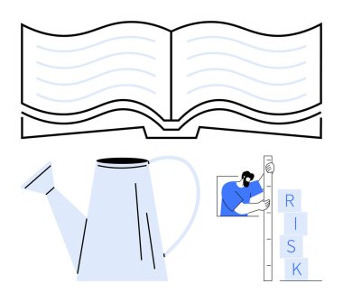Bilgi için açık bir kitap, sulama büyümeyi temsil edebilir, risk engellerini dengeleyebilir. Büyüme planlaması, eğitim, risk analizi, bilgi paylaşımı, kişisel gelişim, strateji için ideal