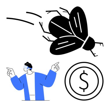 VR donanımlı adam dev bir böcek ve paraya el sallıyor. Yenilik için ideal, sanal gerçeklik, yaratıcılık, teknoloji, fütüristik kavramlar, girişimcilik, basit iniş sayfası