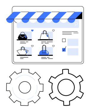 Çevrimiçi alışveriş arayüzü çantalar, arama çubuğu ve ayarlar iki vitesle sembolize ediliyor. Perakende, e-ticaret, kişiselleştirme, çevrimiçi araçlar, mağaza yönetimi, iş ve basit