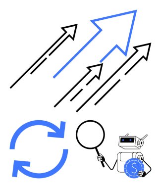 Yukarı bakan oklar büyümeyi temsil ederken, büyüteçle yapay zeka robotu analizi ve finansal planlamayı sembolize ediyor. Tekrarlanan oklar döngüleri akla getiriyor. İş için ideal, AI, finans, analitik
