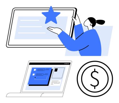 Büyük tablette yıldız tutan bir kadın, uygulama arayüzü olan bir laptop ekranı ve bir dolar bozuk para. Kalite güvencesi, ürün mükemmelliği, mali planlama, uygulama değerlendirmeleri, çevrimiçi eğitim, dijital