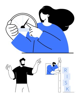 Kadın ayarlama ayarı, erkek kavramlara el kol hareketi, RISK bloklarını istifleyen kişi. İş stratejisi, risk analizi, karar verme, büyüme, liderlik, takım çalışması için ideal basit iniş sayfası