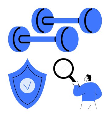 Egzersiz için dambıllar, güvenliği temsil eden kalkan, analizi öneren büyüteç tutan kişi. Fitness, koruma, merak, araştırma, geliştirme, motivasyon için ideal basit iniş