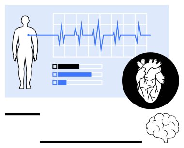 Kalp atışı grafiği, anatomik kalp ve beyin görselleri ve sağlık veri çubukları olan bir insan figürü. Sağlık, kardiyoloji, nörobilim, tıbbi teknoloji, teşhis sağlığı eğitimi için idealdir. Düz
